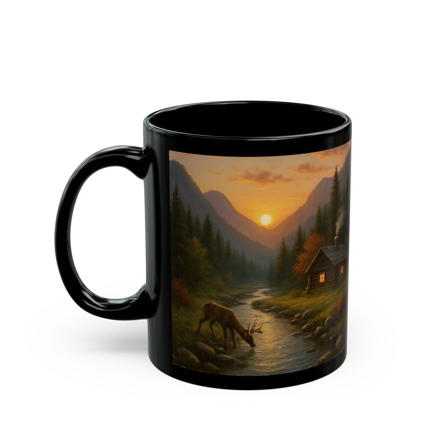 Mountain Sunset Black Mug - Cozy Cabin Scene, Perfect for Coffee Lovers, Home Office, Gifts for Nature Enthusiasts, Camping Mug