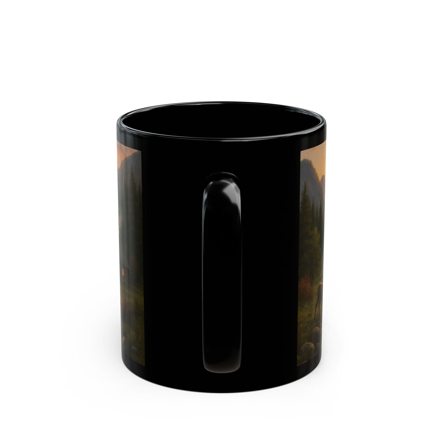 Mountain Sunset Black Mug - Cozy Cabin Scene, Perfect for Coffee Lovers, Home Office, Gifts for Nature Enthusiasts, Camping Mug