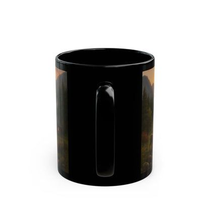 Mountain Sunset Black Mug - Cozy Cabin Scene, Perfect for Coffee Lovers, Home Office, Gifts for Nature Enthusiasts, Camping Mug