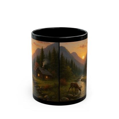 Mountain Sunset Black Mug - Cozy Cabin Scene, Perfect for Coffee Lovers, Home Office, Gifts for Nature Enthusiasts, Camping Mug