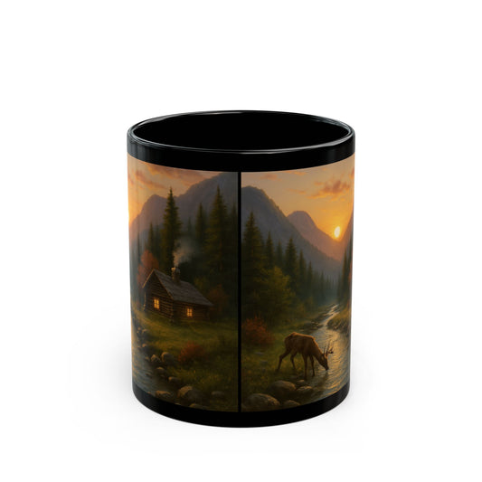 Mountain Sunset Black Mug - Cozy Cabin Scene, Perfect for Coffee Lovers, Home Office, Gifts for Nature Enthusiasts, Camping Mug