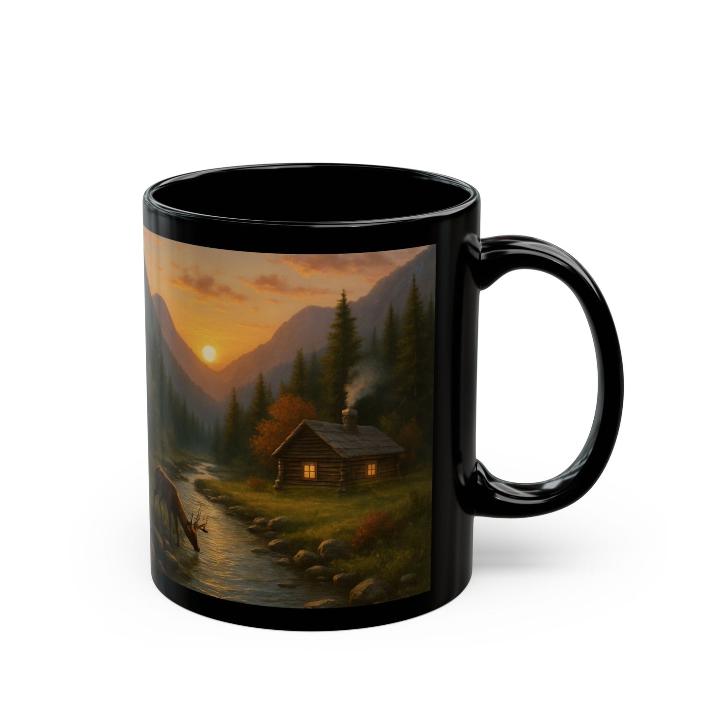 Mountain Sunset Black Mug - Cozy Cabin Scene, Perfect for Coffee Lovers, Home Office, Gifts for Nature Enthusiasts, Camping Mug